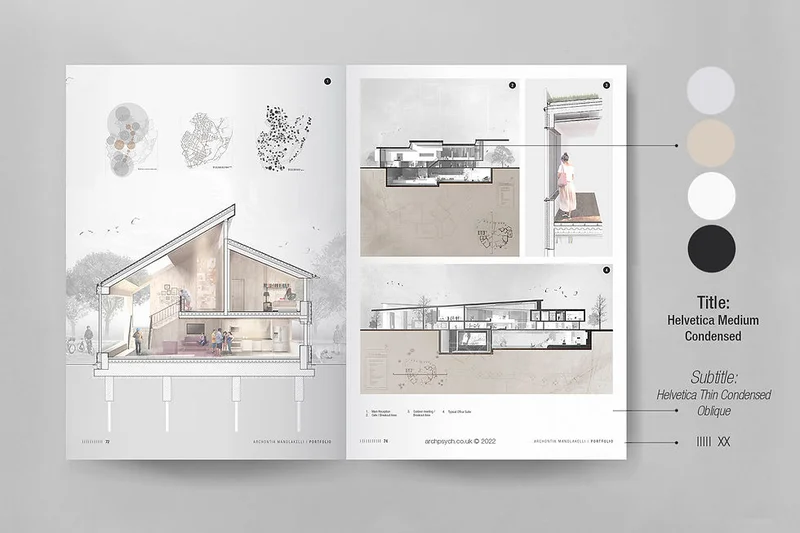 Layout organizado de portfólio arquitetônico com imagens e textos