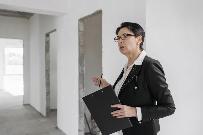 Arquiteta com prancheta inspecionando interior de obra em construção