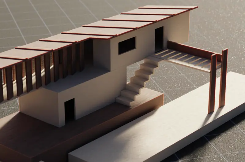 Maquete arquitetônica em close mostrando detalhes de componentes e elementos de modelagem 3D