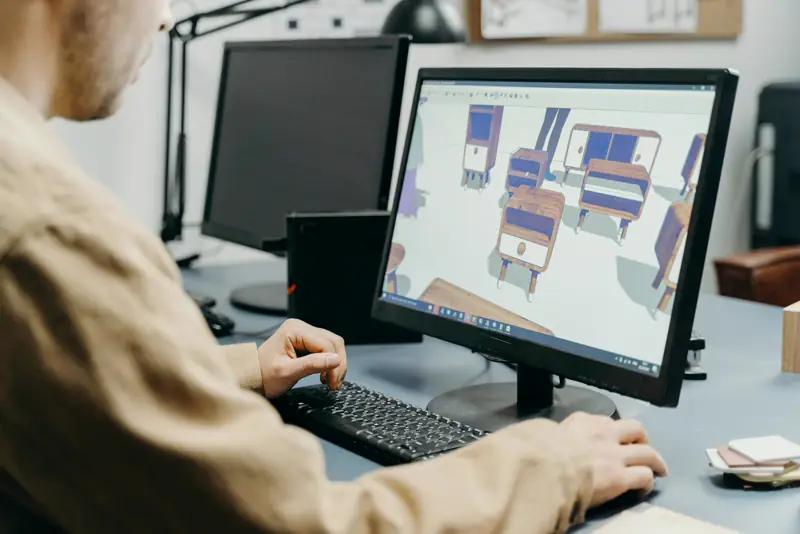 Designer usando computador para modelagem 3D de móveis e componentes em software de arquitetura