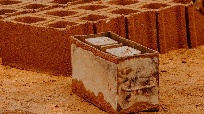 Close-up de tijolos de adobe artesanais empilhados — textura de barro prensado antes da cura ao sol
