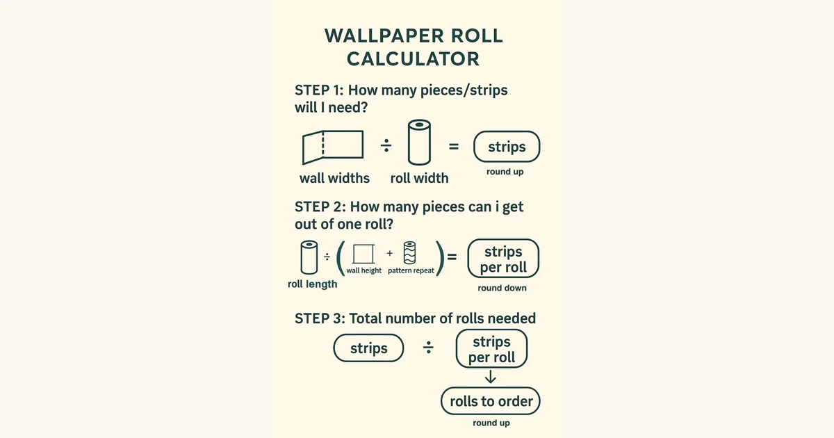 Diagrama passo a passo de como calcular quantos rolos de papel de parede comprar