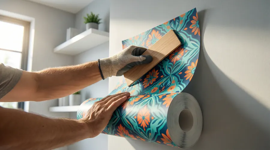 Close-up de papel de parede com estampa floral colorida sendo aplicado, mostrando o desenho que se repete