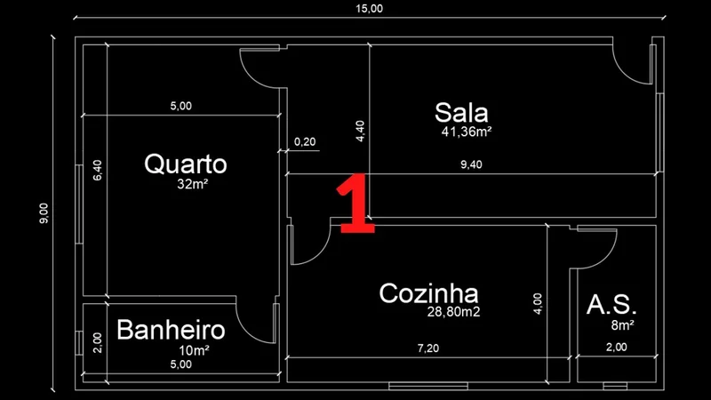 Tela do AutoCAD com planta baixa de uma sala 4x3 m sendo desenhada em layers coloridos