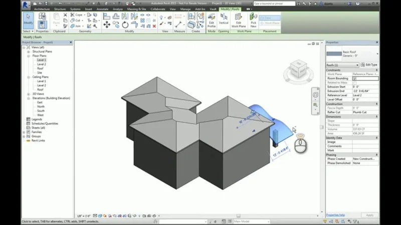 Modo de croqui do Revit mostrando o desenho do perfil de um telhado curvo na vista de elevação, usando o método por extrusão.