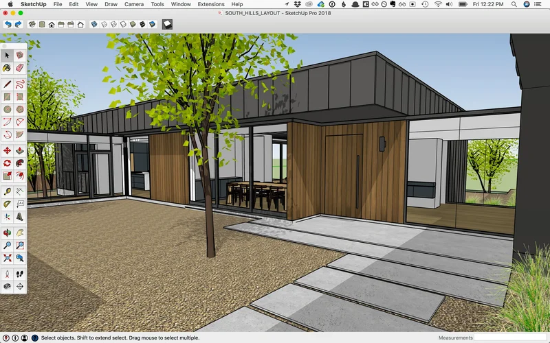 Tela do LayOut do SketchUp com prancha contendo planta, corte e perspectivas de uma residência