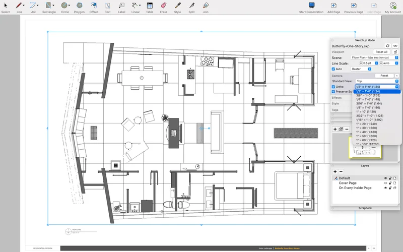 LayOut do SketchUp mostrando planta baixa importada com painel SketchUp Model definindo escala 1:24