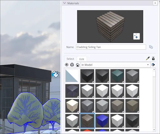 Painel de Materiais do SketchUp com abas Select e Edit para aplicar texturas ao modelo 3D