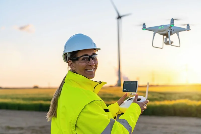 Drone sobrevoando um terreno para realizar um levantamento aerofotogramétrico