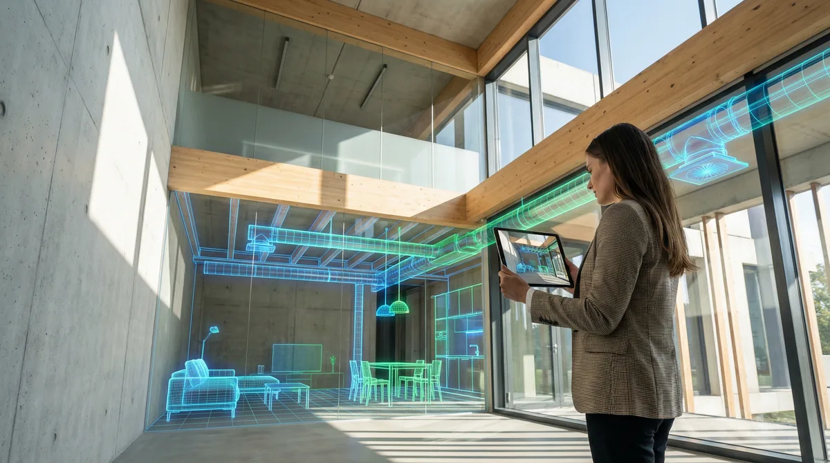 Arquiteto usando tablet com realidade aumentada para visualizar modelo 3D de projeto no ambiente real