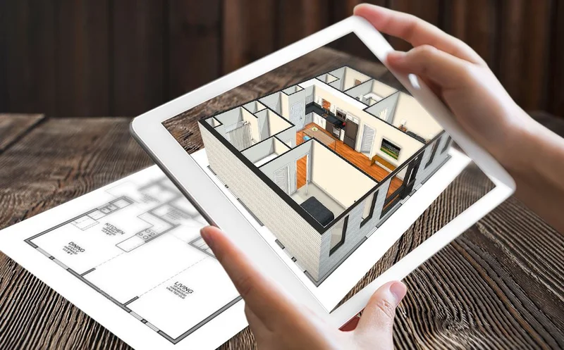 Profissional de arquitetura visualizando modelo 3D de edifício em realidade aumentada pelo tablet