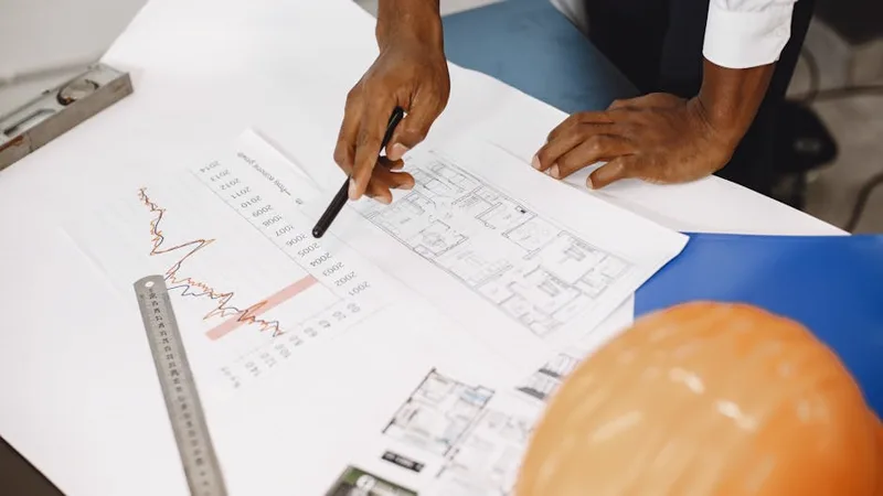 Profissional revisando documentos de projeto com planta baixa e capacete de obra sobre a mesa