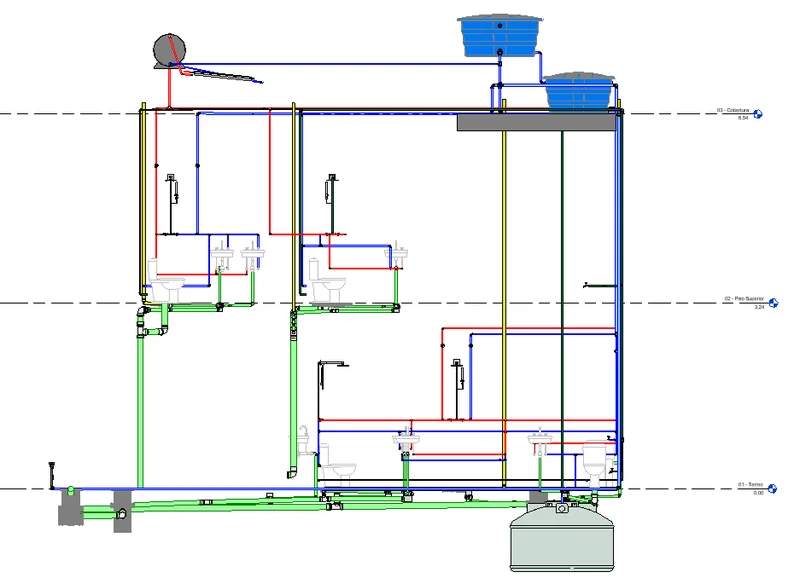 Detalhe de uma planta de projeto hidrossanitário com tubulações e legendas.
