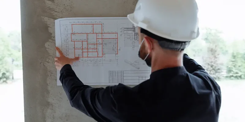 Arquiteto em um canteiro de obras, acompanhando a execução do projeto.