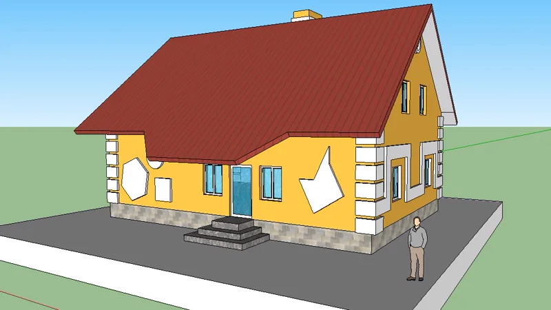 Modelo 3D de residência unifamiliar criado no SketchUp — visualização tridimensional com fachada, cobertura e escala humana