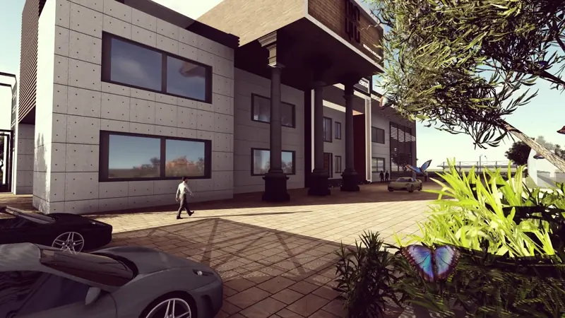 Render arquitetônico fotorrealista de fachada comercial gerado no Lumion, com iluminação natural e vegetação ao redor