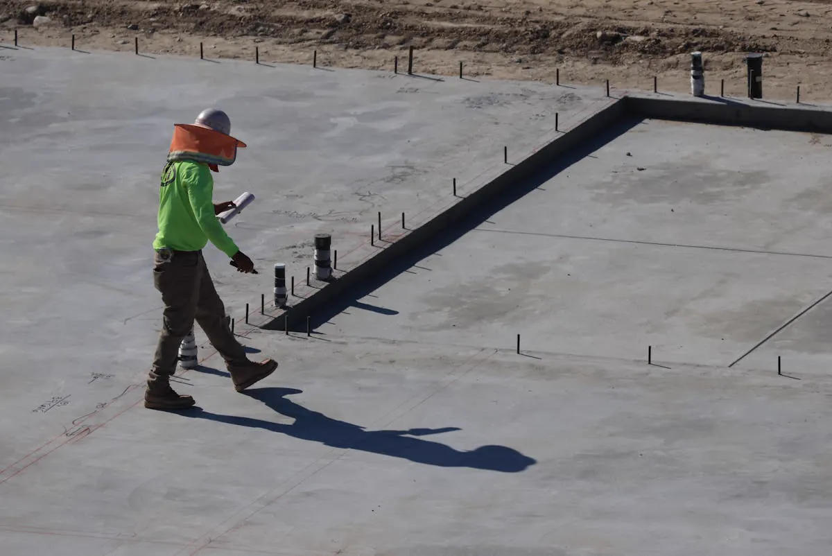 Engenheiro inspecionando laje de concreto de fundação radier em obra residencial