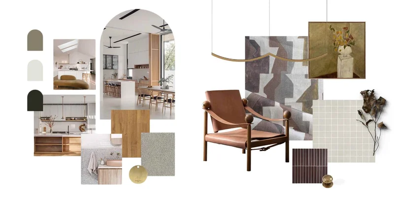 Arquiteto e cliente discutindo um moodboard físico