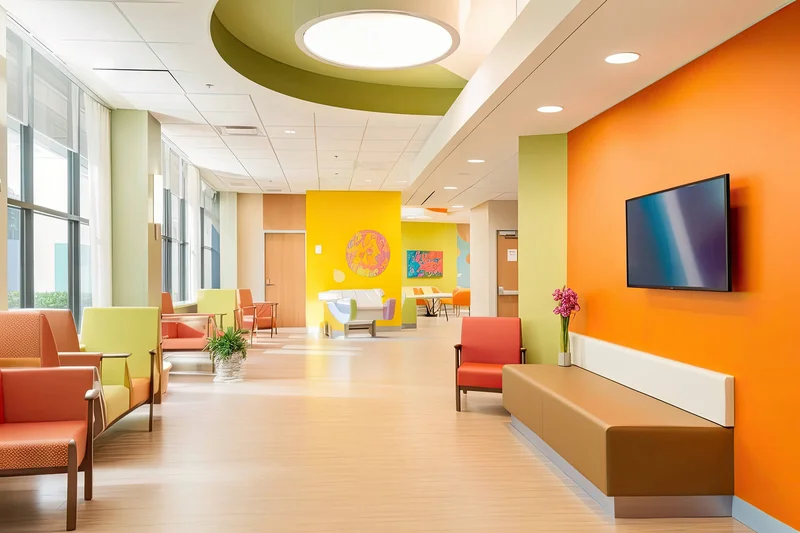 Sala de espera de um hospital infantil com paredes coloridas e mobiliário lúdico.