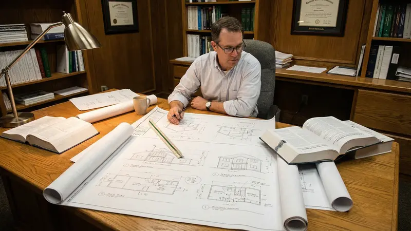 Arquiteto revisando pranchas técnicas em escritório — análise de desempenho da NBR 15575 começa no anteprojeto
