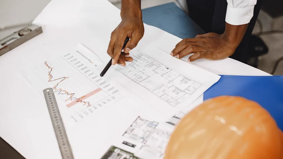 Arquiteto assinando documentos técnicos na mesa de trabalho