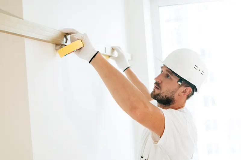 Profissional com capacete aplicando trena de fita em medição na construção civil