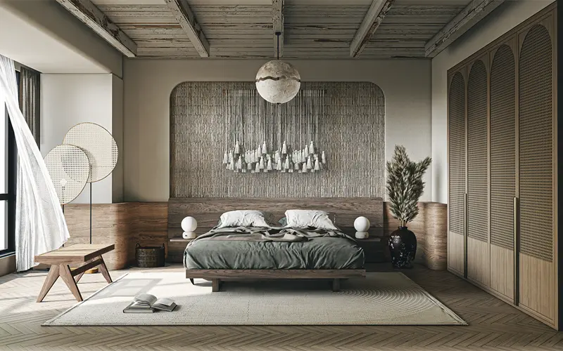 V-Ray render de quarto wabi-sabi com pendente de pedra natural e iluminação difusa — IES lights reproduzem a distribuição fotométrica real da luminária