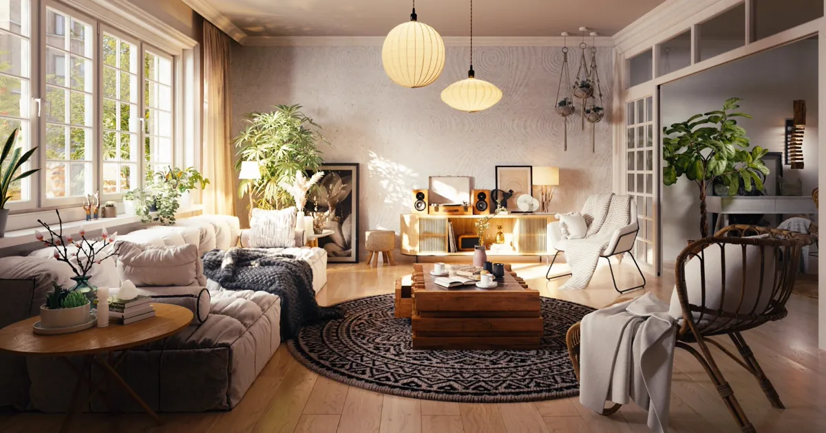 Renderizar com V-Ray: sala de estar fotorrealista com iluminação natural e materiais PBR